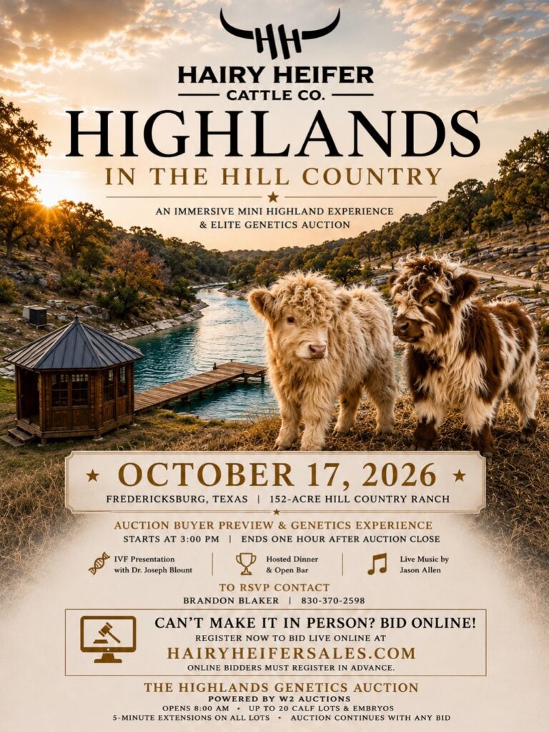 Highlands in the Hill Country: An Immersive Mini Highland Experience and Elite Genetics Auction. October 17, 2026. Fredericksburg, Texas.